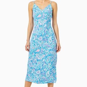 Lilly Pulitzer Blue Paisley Midi Slip Dress with Pink Accents